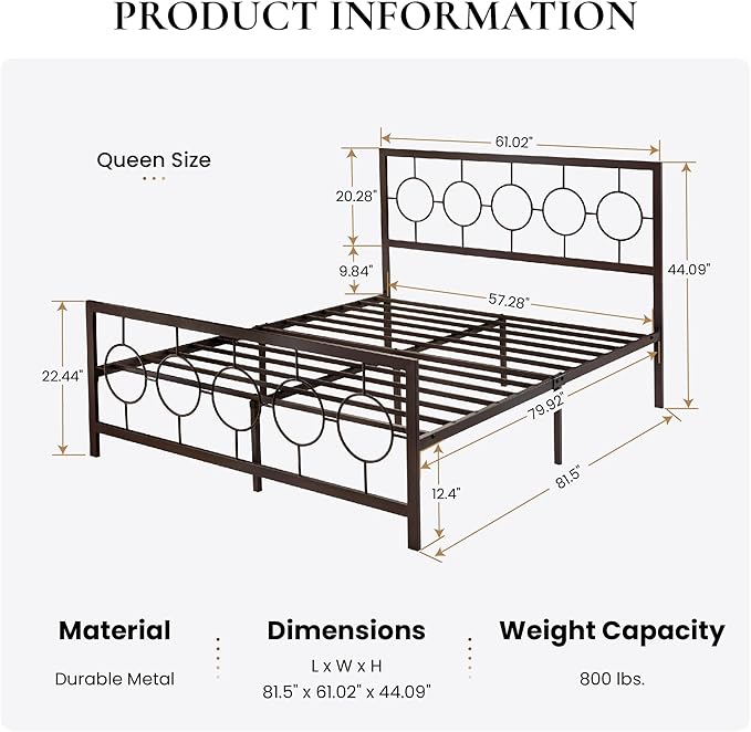 SHA CERLIN Queen Size Metal Bed Frame with Vintage Circular Design Headboard and Footboard,No Box Spring Required,Easy Assembly,Noise-Free,Brown