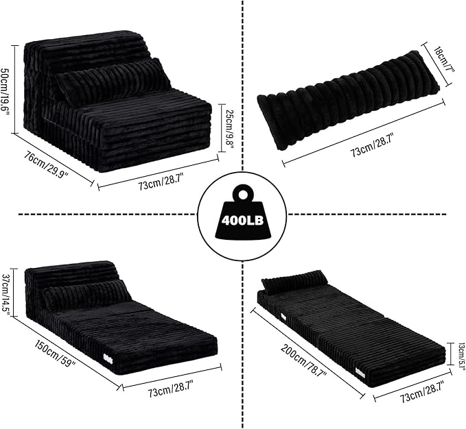 Tiita Folding Sofa Bed Single Size, Convertible Sleeper Chair Mattress with Pillow, Thick Corduroy Floor Mattress Couch Bed with Side Pocket, Guest Room, Dorm, Apartment, Black