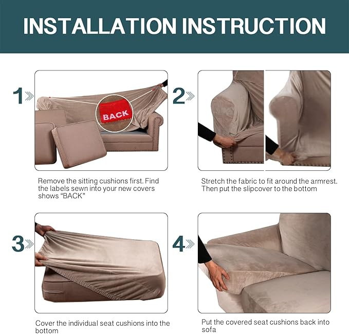 FantasDecor 4 Piece Sofa Velvet Couch Covers for 3 Cushion Stretch Slipcover with Individual Seat Cushion Elastic Furniture Protector for Pets, Machine Washable (Large Sofa, Taupe)