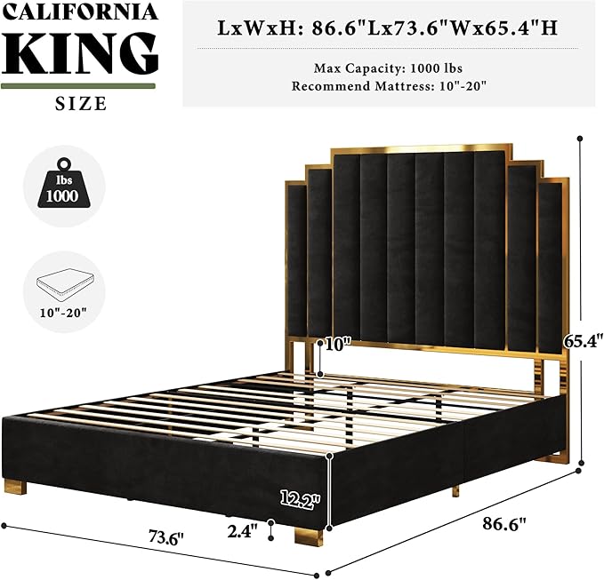 AMERLIFE California King Size Upholstered Bed, Modern Velvet Bed Frame with 65.4” Tall Gold Trim Headboard, No Box Spring Needed, Black