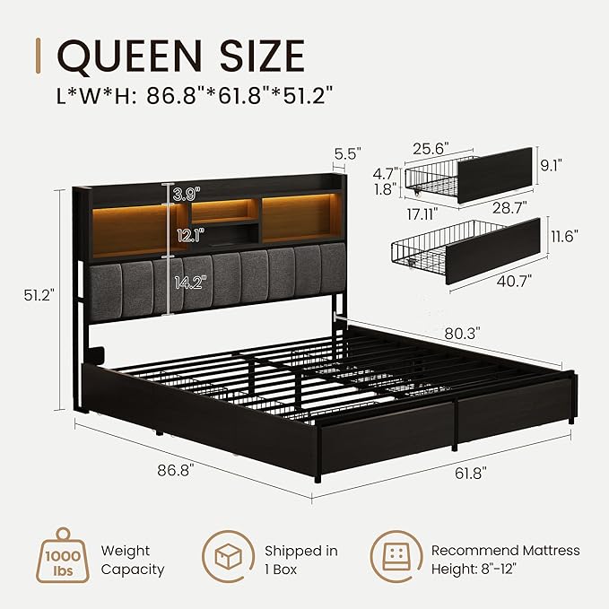 BRELTAM Queen Bed Frame with 6 Storage Drawers, Linen Upholstered Headboard, Built-in USB Charging Station & LED Lighting, Silent Metal Support, No Box Spring Needed, Vintage Black