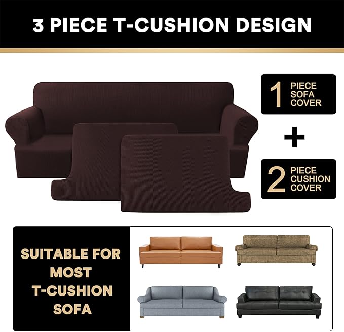 PrinceDeco T Cushion Sofa Slipcover 3 Pieces Sofa Covers for T Cushion Sofa Soft Couch Cover Sofa Slip Covers Furniture Covers with 2 Individual T Cushion Shape Seat Covers Machine Washable, Brown