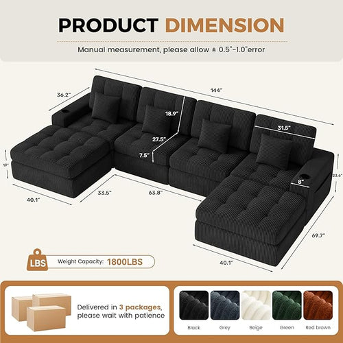 144" U Shaped Cloud Boneless Couch,Modern Modular Sectional Sofa with Layered Cushion,No Assembly Convertible Corduroy Couches for Living Room,Black 1 PCS