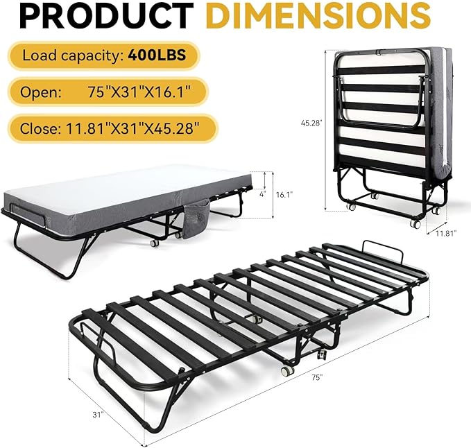 Folding Bed with Mattress for Adults, Single Size Portable Foldable Bed with Strong Metal & Wood Frame, Rollaway Guest, 75" x 31"