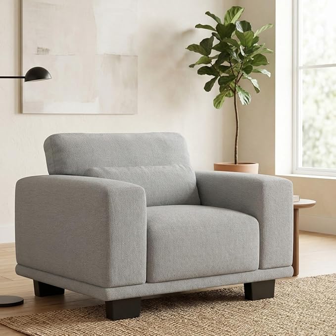 Marsail Single Seater Couch, 40 Inch Sofa with Wide Armrests & Deep Cushions, Modern Linen Fabric Sofas for Living Room, Comfy Upholstered Couch with Removable Washable Covers, Light Grey