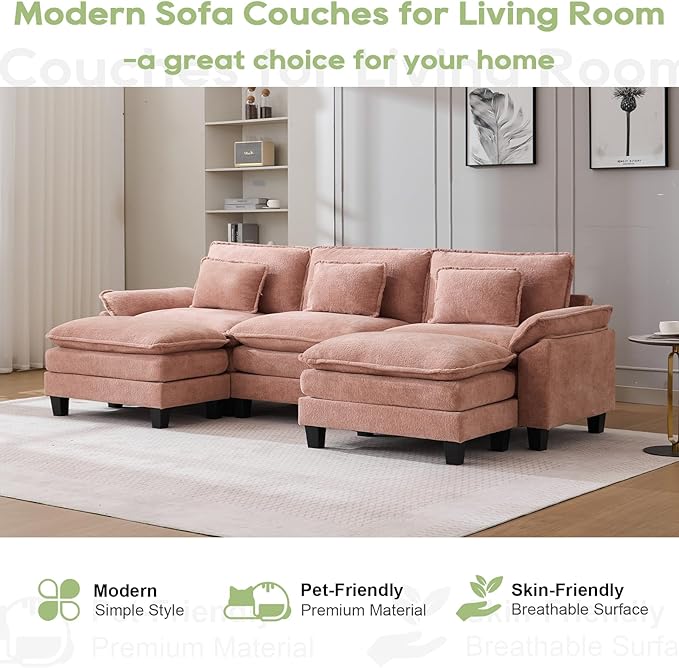 120" Modular Sectional Sofa, Comfy Cloud Couch Sectional Sofa with Ottoman, Chenille Sofa Sleeper Deep Seat Sofa with Throw Pillows for Living Room (Pink, 120"- U Shape)