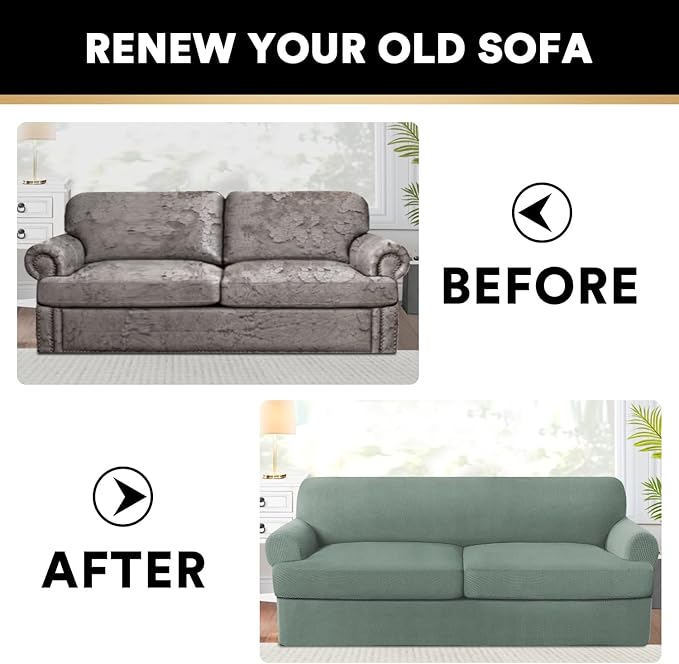 PrinceDeco T Cushion Sofa Slipcover 3 Pieces Sofa Covers for T Cushion Couch Soft Couch Covers Sofa Slip Cover Furniture Covers with 2 Individual T Shape Seat Covers Width Up to 88", Sage