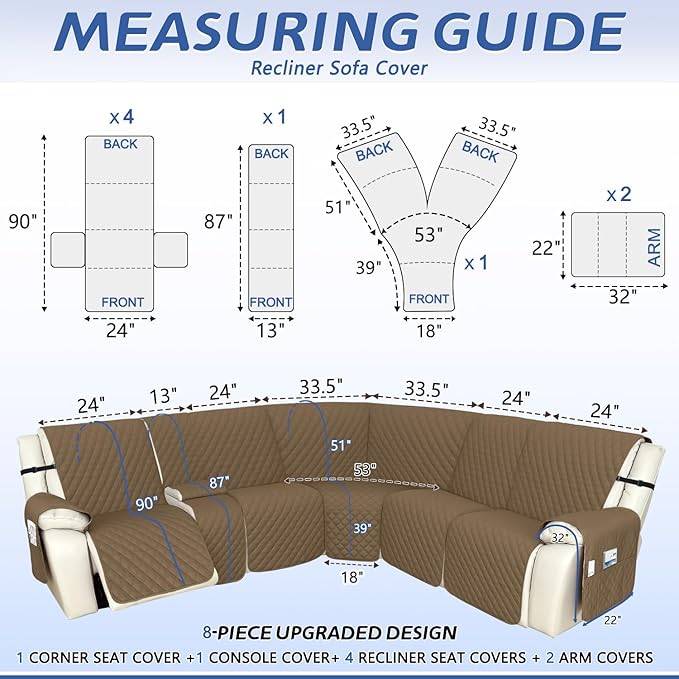 Arfntevss Recliner Sectional Couch Covers 1OO% Waterproof L Shape Sofa Cover for Reclining L Shaped Sectional Slipcover Dog Washable Corner Non Slip Protector (5 Seater with 1 Console, Tan)