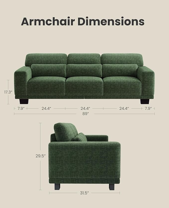 Amada 89" Sofa, 3 Seater Sofa Couch for Living Room, Modern Sofa with Deep Seats & Wide Armrests, Comfy Couch with Removable Washable Covers & Linen Fabric, Easy Assembly
