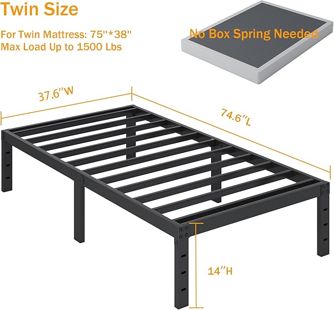 SHLAND Twin Bed Frames, 14 Inch High Metal Platform Bed Frame Mattress Foundation with Steel Slats Support, No Box Spring Needed, No Noise, Easy Assembly