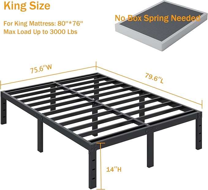 SHLAND King Size Bed Frame, 14 Inch Heavy Duty Metal Platform Bed Frame No Box Spring Needed, Mattress Foundation, Storage Space, No Noise, Easy Assembly