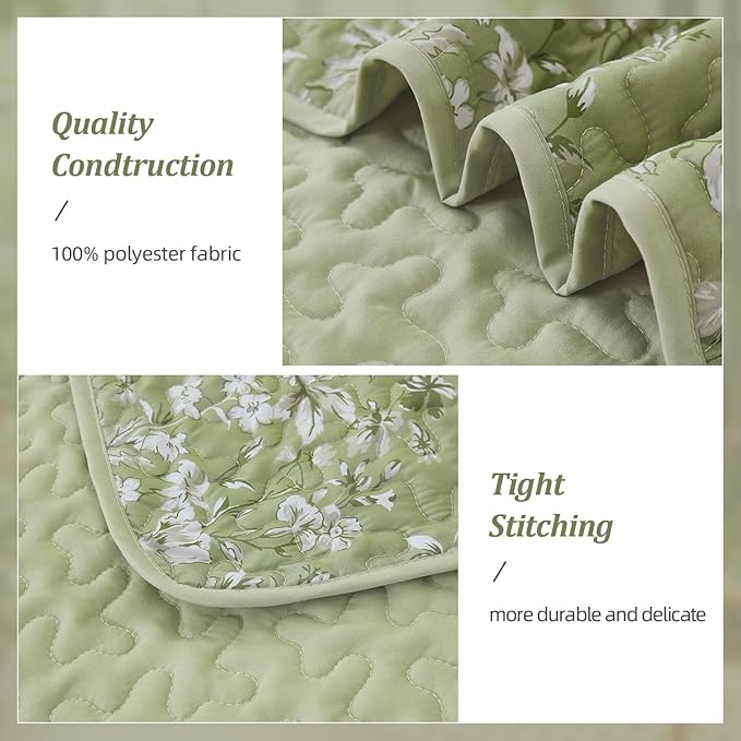 WONGS BEDDING Quilt King Size, Green Quilt Bedding Set with 2 Pillowcases, Botanical Quilt for King Bed, Soft Microfiber Lightweight Coverlet Bedspread for All Season (110"×90", 3 Pieces)