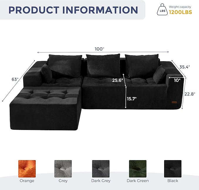 MAXYOYO Modular Sectional Sofa Couch, L Shaped Boneless Cloud Couch with Flexible Ottoman, Chenille Upholstered Living Room Sleeper Sofa Chair for Living Room, No Assembly Required, Black