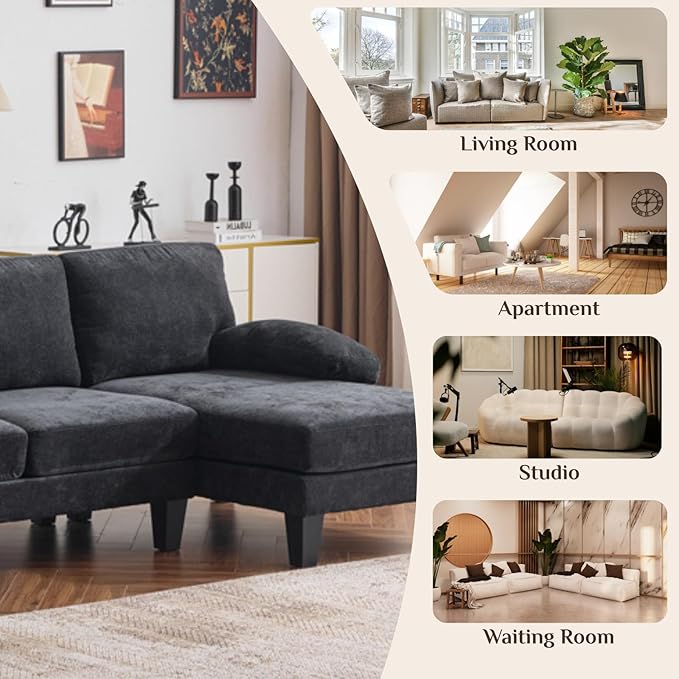 Karl home 111" Sectional Sofa U-Shaped 4-Seat Couch with Chaises Wood Grian Legs Chenille Fabric Upholstered for Living Room, Apartment, Office, Black