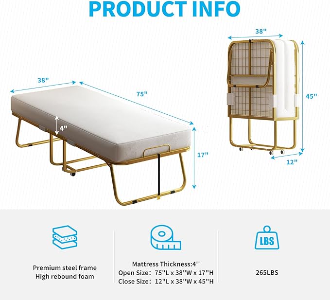 Mjkone Folding Bed with 5 Inch Memory Foam Mattress, Single Rollaway Bed for Guests, Space Saving Portable Bed with Lockable Wheels, Easy Assembly & Moving, 75 x 38 -Gold