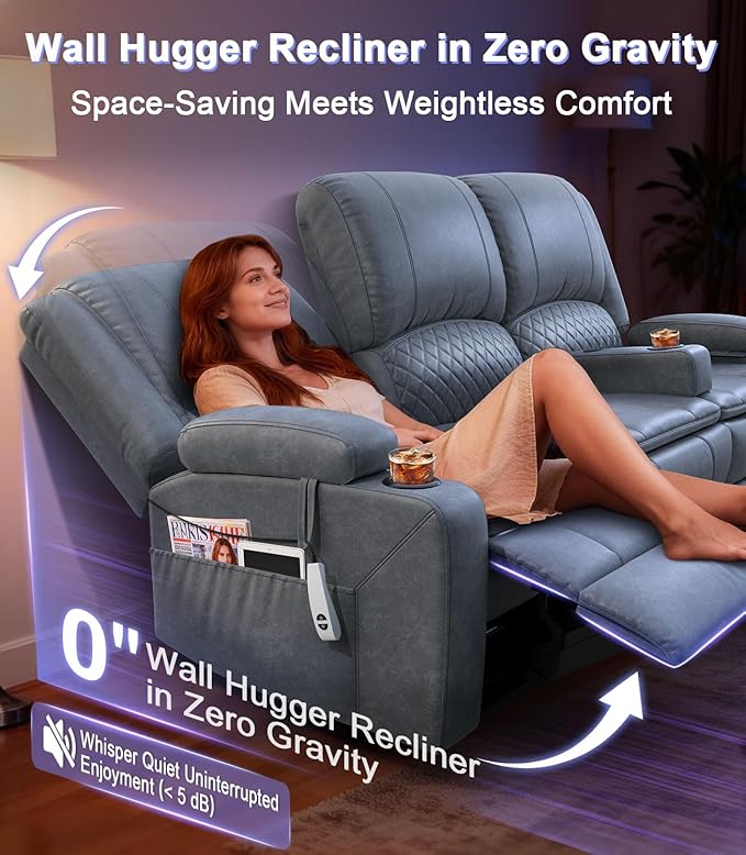 Power Loveseat Recliner Sofa, Removable Armrest 3 Seats Power Reclining Loveseat with Remote Liftable Console, Wall Hugger RV Theater Seating with Storage & USB & RGB (PU, Grey)
