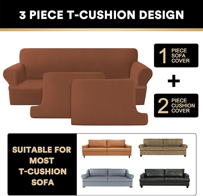 PrinceDeco T Cushion Sofa Slipcover 3 Pieces Sofa Covers for T Cushion Couch Soft Couch Covers Sofa Slip Cover Furniture Covers with 2 Individual T Shape Seat Covers (70"-88") Washable,Caramel