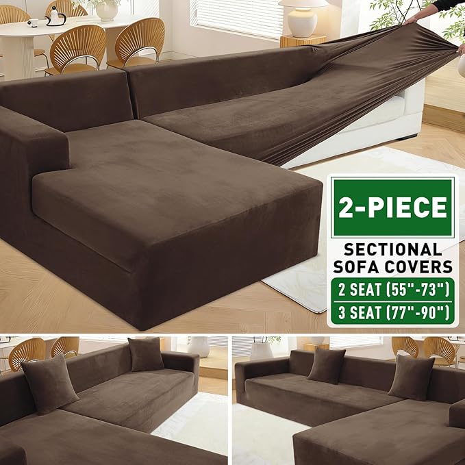 ZNSAYOTX 2026 Soft Velvet Sectional Couch Covers, Luxury Plush Slipcovers with Elastic Bottom for L Shape Sectional Sofa, 2 Pcs Pet Friendly Protector (3 Seat Couch + 2 Seat Chaise, Dark Coffee)