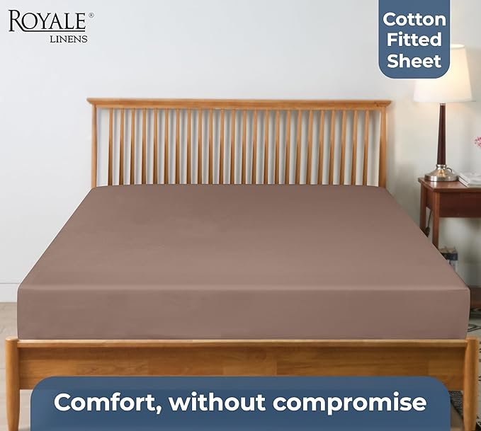Royale Linens 100% Organic Cotton Fitted Sheet - Percale Weave - Super Soft Deep Pocket Bottom Sheets - Mocha Elastic Sheet Twin XL Size - Twin XL Fitted Sheets Only - (39"x75"+15", Mocha)