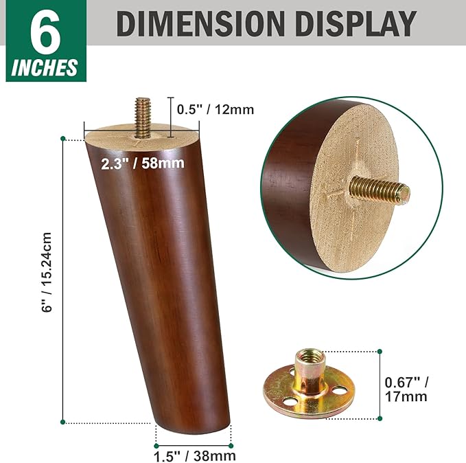 FoDau770 Brown Rubber Wood Furniture Legs 6 Inches, Slant Tapered Wood Feet Mid Century Sofa Legs Set of 8, 5/16" UNC Furniture Feet Replacement Parts for Cabinet Couch Dresser Chair Ottoman Table