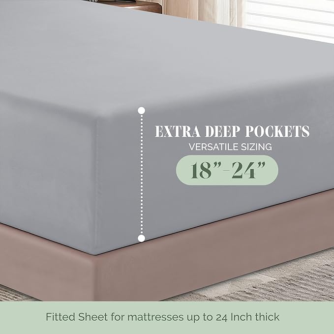 Elegant Comfort 1500 Premium Hotel Quality 18-24 Inches Deep - Extra Deep Pocket Single Fitted Sheet for High Mattress, Luxury and Softest, Smart Pocket - Wrinkle Free, Queen, Silver