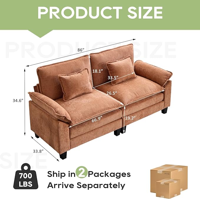 86" Modular Sectional Sofa, Comfy Cloud Couch Sectional Sofa, Chenille Sofa Sleeper Deep Seat Sofa with Throw Pillows for Living Room (Orange, 86"- Loveseat)