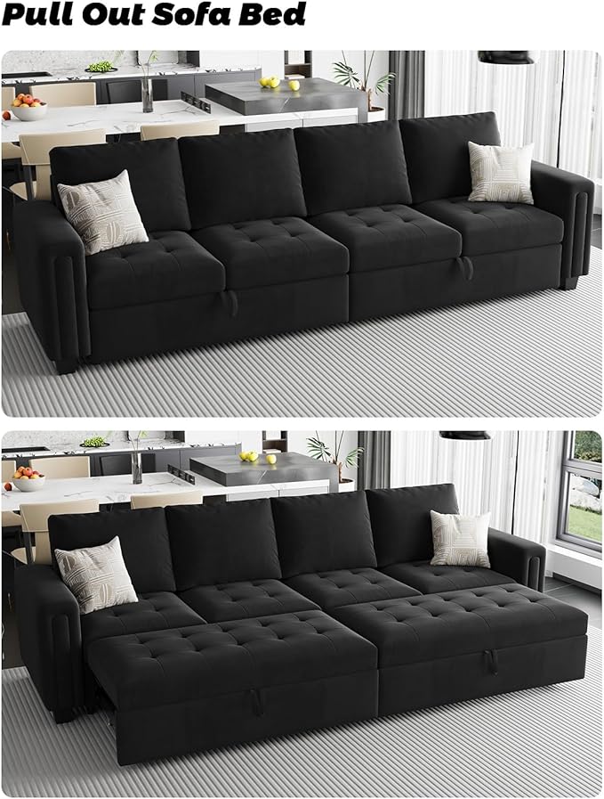 Belffin Modular Sectional Sleeper Sofa with Pull Out Bed Convertible Velvet Sleeper Sofa with Storage Sectional Couches for Living Room Black