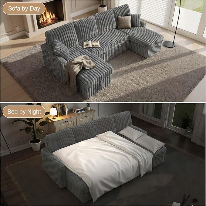 104" U Shaped Sleeper Sofa Bed, Sectional Couches for Living Room, Plush Corduroy Pull Out Couch Bed with Storage, Modular Sectional Couch with Charging Station, Cup Holder, Side Pocket, Light Grey
