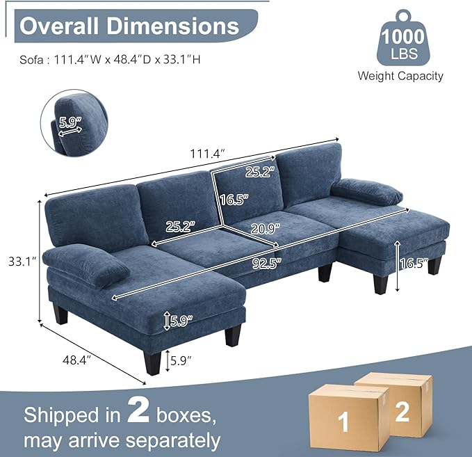 Karl home 111" Sectional Sofa U-Shaped 4-Seat Couch with Chaises Wood Grian Legs Chenille Fabric Upholstered for Living Room, Apartment, Office, Navy Blue