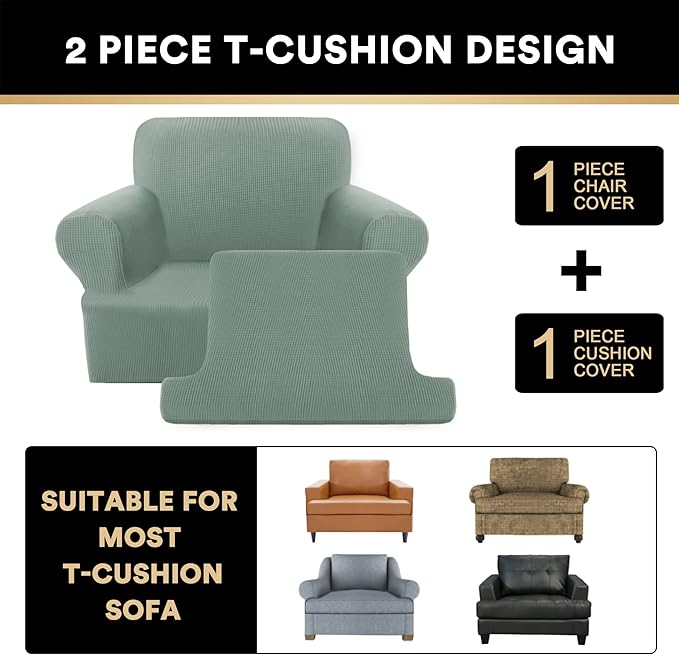 PrinceDeco 2 Pieces Armchair Slipcover Stretch Couch Covers for T Cushion Chair Slipcovers Soft Arm Chiar Cover Furniture Covers with 1 Individual T Shape Seat Covers Width Up to 40", Sage