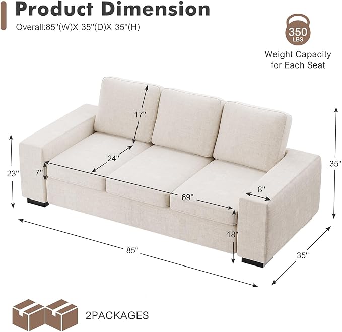 ELUCHANG 85" Modern Couches for Living Room, Natural Linen 3 Seat Sofa, Comfy Deep Seat Sofa, Spring Cushions, Removable Cover, Solid Wood Frame, Easy Assembly Loveseat for Small Space, Beige, 2PCS | Breathable material, Easy to Assemble, Removable Cov...