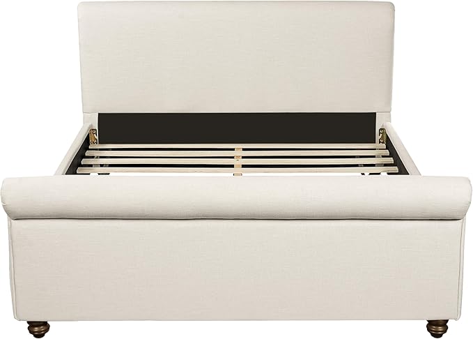 Christopher Knight Home Chenzi Linen Upholstered Queen Bed Frame with Headboard and Footboard, Wooden Platform Queen Size Bed Frame and Double-Layer Oval Legs, No Box Spring Needed, Beige