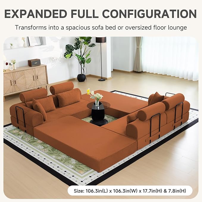 Boneless Sectional for Small Spaces, 106” L Shaped Couch from Two 70.87” Modules, Reconfigures to 141.7” Straight Sofa, Corduroy Compressed Couch in a Box with Headrest Back Pillows, Orange