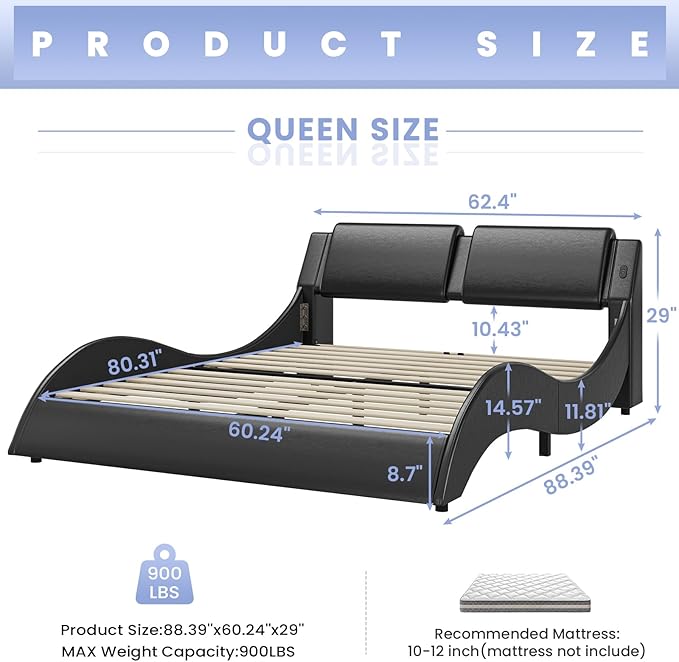 DICTAC Queen Bed Frame with Led Lights and Charging Ports Modern Upholstered Queen Size Platform Bed with Headboard Faux Leather Wave Like Curve Low Profile Platform Bed Frame,Wood Slats Support,Black
