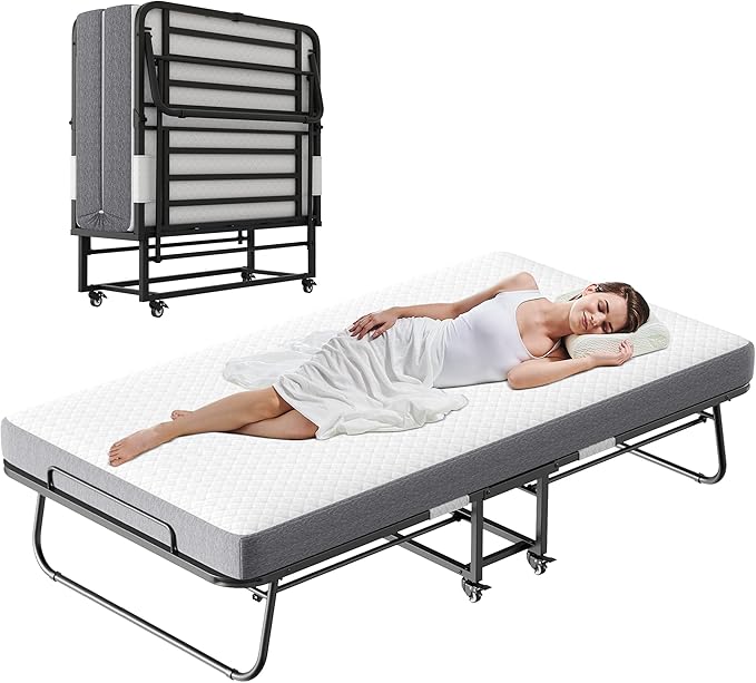 Espsilto 75''x46'' Large Folding Bed with Mattress for Adult - Sturdy Rollaway Bed for Guest with Automatic Leg Opening，Reinforced Steel Pipe | Hard tubular metal
