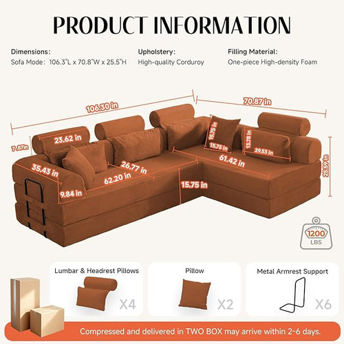 106" L-Shaped Modular Boneless Couch, 2-Piece System (2×70.87"), Convertible Sectional to 141.7" Straight Sofa, Corduroy Couch in a Box, Headrest & Back Pillows for Living Room, Orange