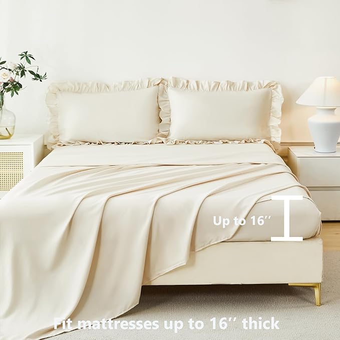 ANGIYUIN 5Pcs Beige Ruffled Comforter Set Queen Double-Layer Ruffle Bedding Comforter Set for Women Girls Fluffy Shabby Chic Bed in a Bag with Sheets(Beige Queen)