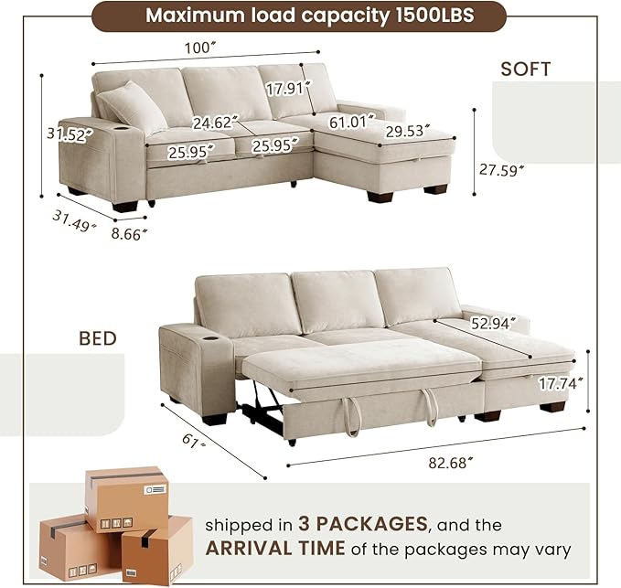 ASHOMELI 99" Convertible Sleeper Sofa Bed,L Shaped with Storage Chaise Pull Out Couch for Living Room,USB and Type-C,Removable Washable Chenille Covers (Beige)