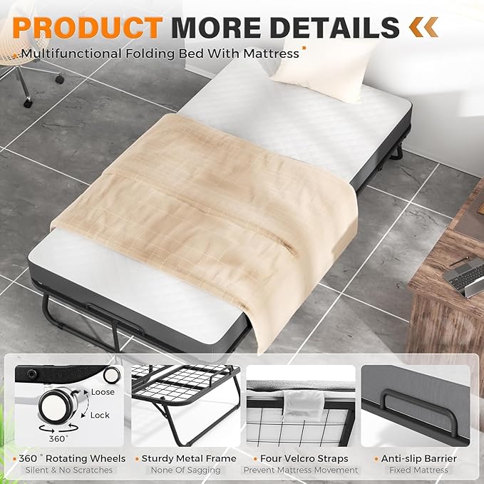 Foldable Single Bed for Adults – 75” x 31” Portable Rollaway Cot with 5" Memory Foam Mattress, Sturdy Metal Frame & Wheels – Space-Saving Guest Bed