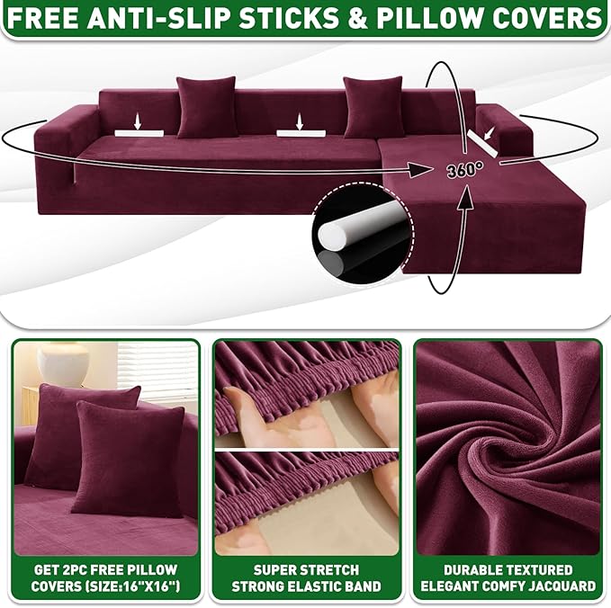 ZNSAYOTX 2026 Soft Velvet Sectional Couch Covers, Luxury Plush Slipcovers with Elastic Bottom for L Shape Sectional Sofa, 2 Pcs Pet Friendly Protector (3 Seat Couch + 2 Seat Chaise, Wine Red)