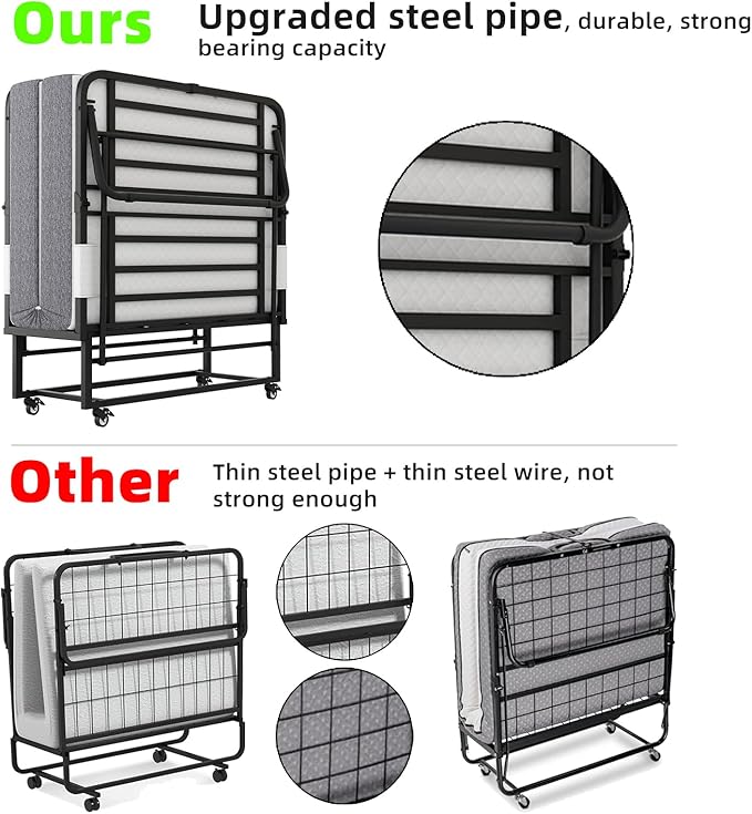 Espsilto 75''x46'' Large Folding Bed with Mattress for Adult - Sturdy Rollaway Bed for Guest with Automatic Leg Opening，Reinforced Steel Pipe | Hard tubular metal