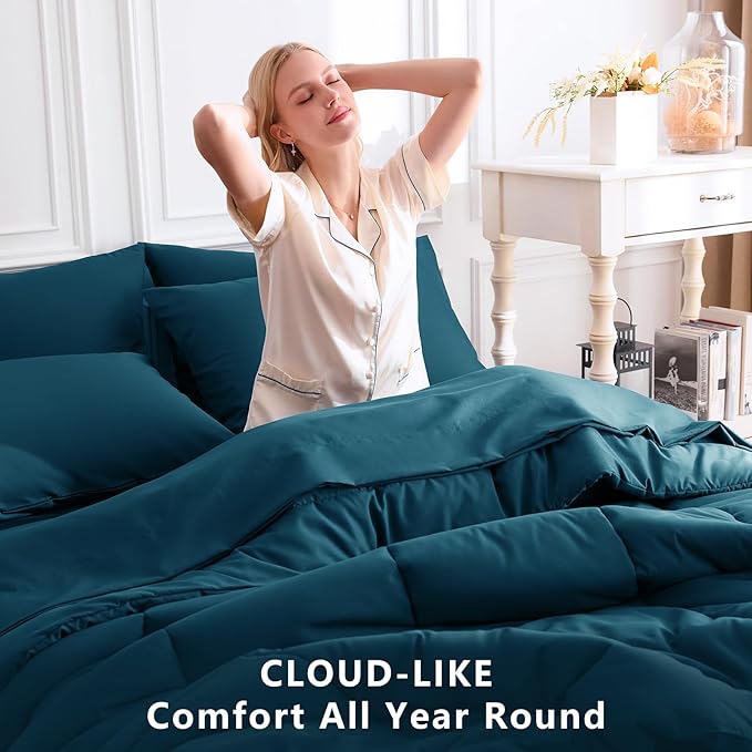 CozyLux King Size Comforter Set Lyons Blue, 7 Pieces Bed in a Bag, Blue Comforter King Size, All Season Bedding Sets with Stitch Quilted Comforter, Flat Sheet, Fitted Sheet, Pillowcases