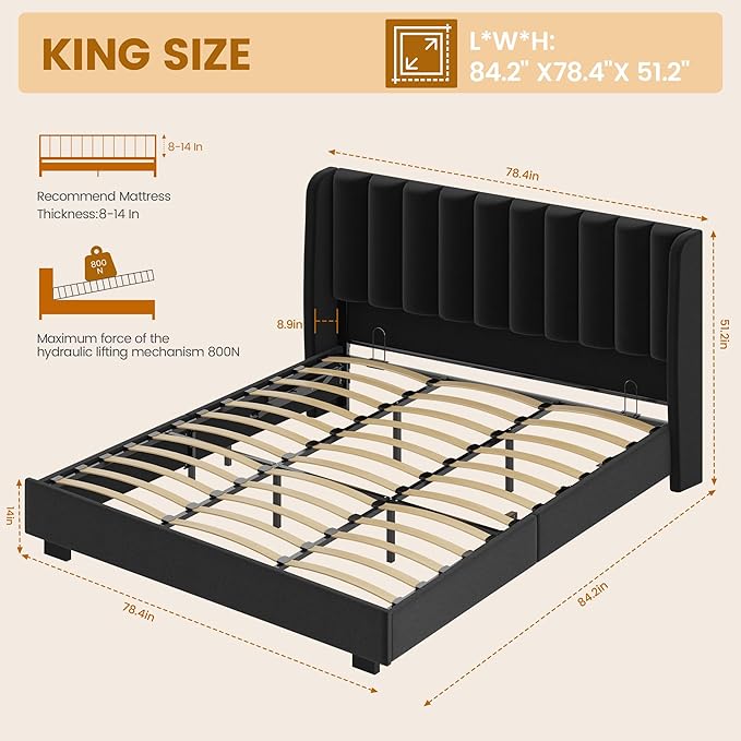King Size Upholstered Lift Up Storage Bed Frame with 51.2" Tall Headboard, Velvet Wingback Tufted Design, Wood Slats Support, No Box Spring Required, Noise-Free Double Low Bed Frame (King,Black)