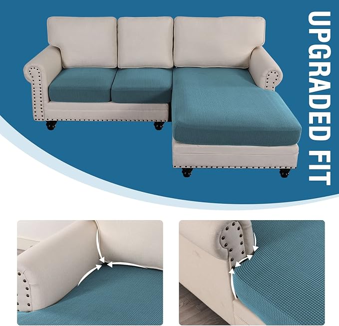 H.VERSAILTEX Sectional Couch Covers 3 Pieces Sofa Seat Cushion Covers L Shape Separate Cushion Couch Chaise Cover for Both Left/Right Sectional Couch (Seat Only: 1 Chaise + 2 Sofa, Storm Blue)