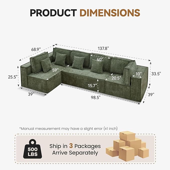 138'' Boneless Chenille L Shaped Couch, Oversized Modular Sectional 5 Seater Sofa, Modern Deep Seat Corner Cloud Compressed Couch, No Assembly Sleeper Sofa with Chaise for Living Room, Green