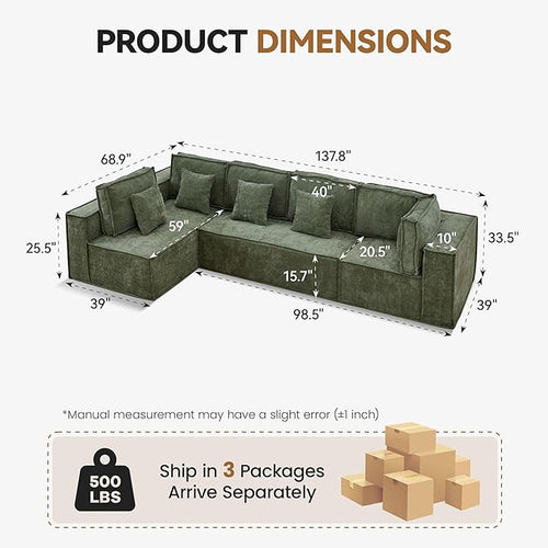 138'' Boneless Chenille L Shaped Couch, Oversized Modular Sectional 5 Seater Sofa, Modern Deep Seat Corner Cloud Compressed Couch, No Assembly Sleeper Sofa with Chaise for Living Room, Green