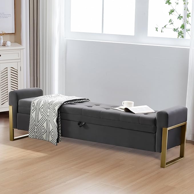 67" End of Bed Storage Bench King Size, Velvet Storage Bench for Bedroom Foot of Bed, Upholstered Storage Ottoman Bench with Gold Legs for Window Living Room Entryway, Dark Grey