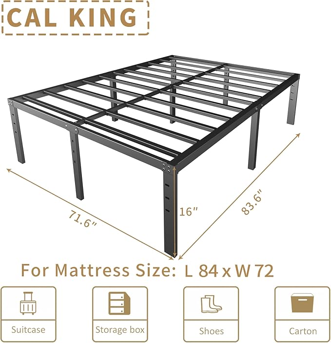 HOBINCHE 16 Inch California King Size Bed Frame - No Box Spring Needed Heavy Duty Black Metal Platform Mattress Foundation, Non-Slip Noise Free Easy Assembly Bedframes with Cleance Storage