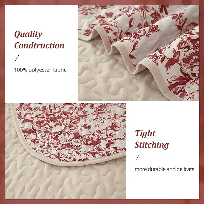 WONGS BEDDING Quilt King Size, Christmas Red Quilt Bedding Set with 2 Pillowcases, Botanical Quilt for King Bed, Soft Microfiber Lightweight Coverlet Bedspread for All Season (110"×90", 3 Pieces)