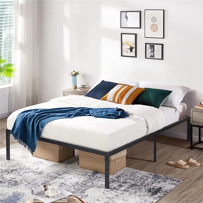 FurnitureR Modern Metal Platform Bed, Full/Twin Size Bed Frame with 14.2" Under-Bed Storage, Sturdy Locking Mechanism, Easy Assembly for Bedroom or Guest Room, Black (Full)